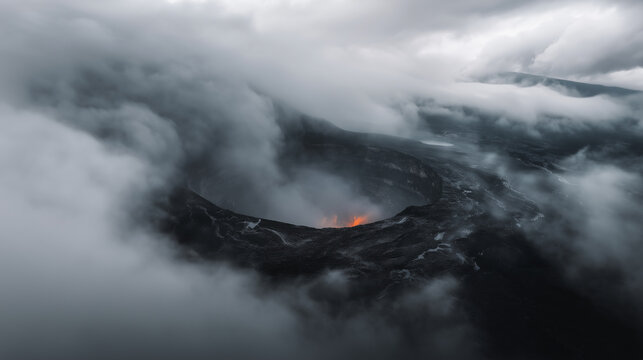 Active volcano crater hidden in dense gray fog with faint glowing lava, dramatic aerial volcanic landscape, moody natural disaster scene with ash clouds, smoke and cinematic geolog