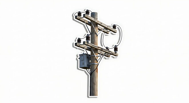 Wooden electric pole with wires and transformer on transparent background transparent background