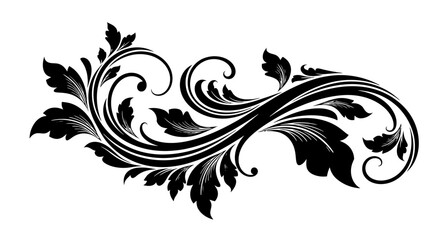 Fototapeta premium Elaborate Black Ornate Floral Scroll Design Element on Isolated White Background.
