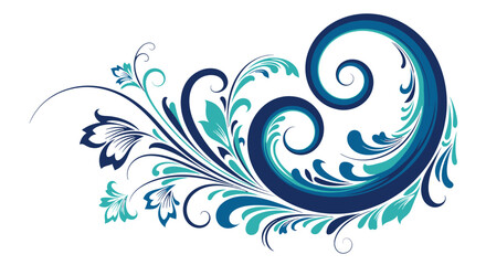 Fototapeta premium Ornate Blue and Teal Floral Swirl Design Element with Stylized Leaves on Isolated White Background.