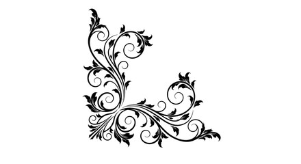 Fototapeta premium Black Ornate Floral Corner Design Element with Scrollwork on Isolated White Background.