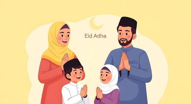 Happy Muslim family celebrating Eid al-Adha greeting with folded hands