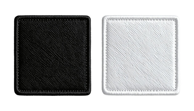 Two contrasting square black and white textured patches, featuring finely stitched edges, simulating a leather or fabric material, ideal for custom branding, labels, or decorative graphic elements&nbsp;