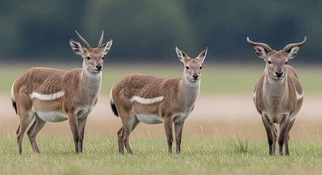 Three deer standing in a grassy field with trees in the background looking directly at the camera