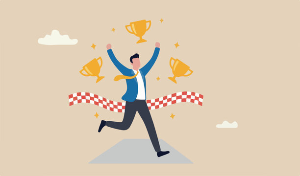 Business winner reaching goal, success celebration, career path glory finish working project concept, joyful smart businessman worker running reaching goal finishing line first winner
