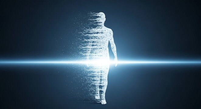 Human body dissolving into particles, representing transformation, disintegration, and artificial intelligence technology