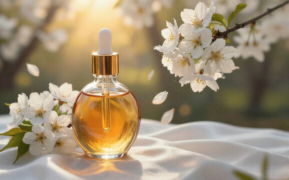 Golden serum bottle nestled among cherry blossoms soft light serene
