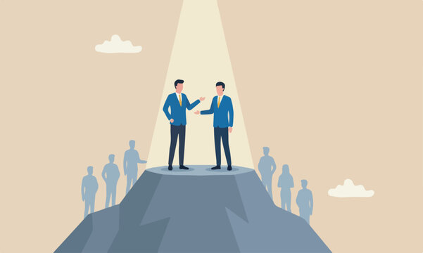 The chosen, boulder mountain peak candidate or hiring manager choose winner talent concept, stand out confident businessman with spotlight with other fade out candidates