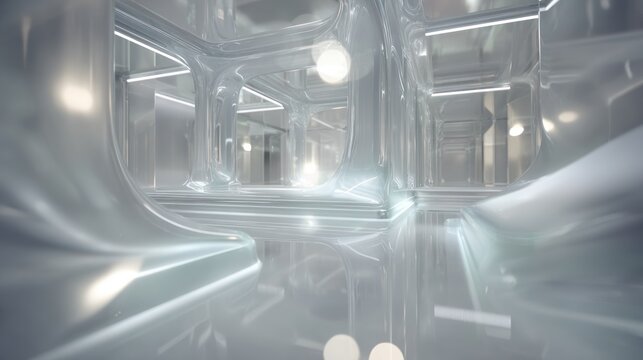Abstract futuristic interior with bright lights and reflective surfaces