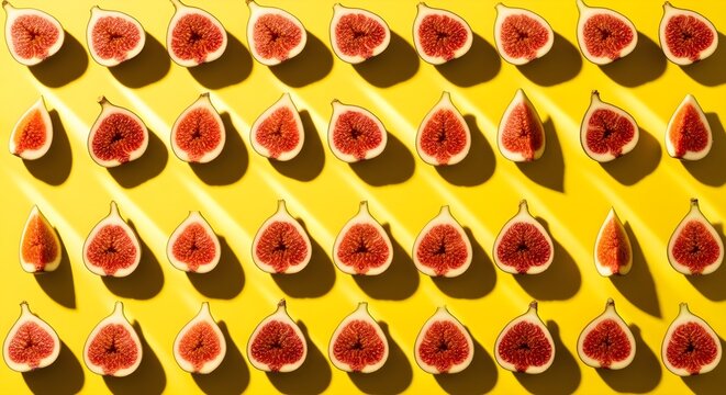 Fresh cut figs, halved fruit, yellow background, food display, healthy snack