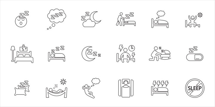 sleep icon set. bedroom, rest, night, dream, nap and more. simple line vector