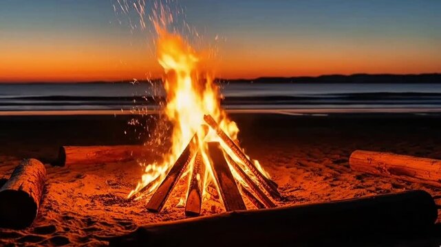 Beach bonfire at sunset with sparkling flames and ocean view