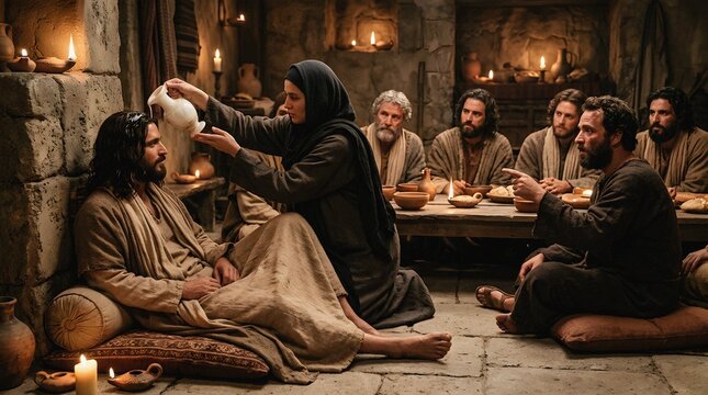 Ancient Woman Anointing Man's Head During Communal Gathering