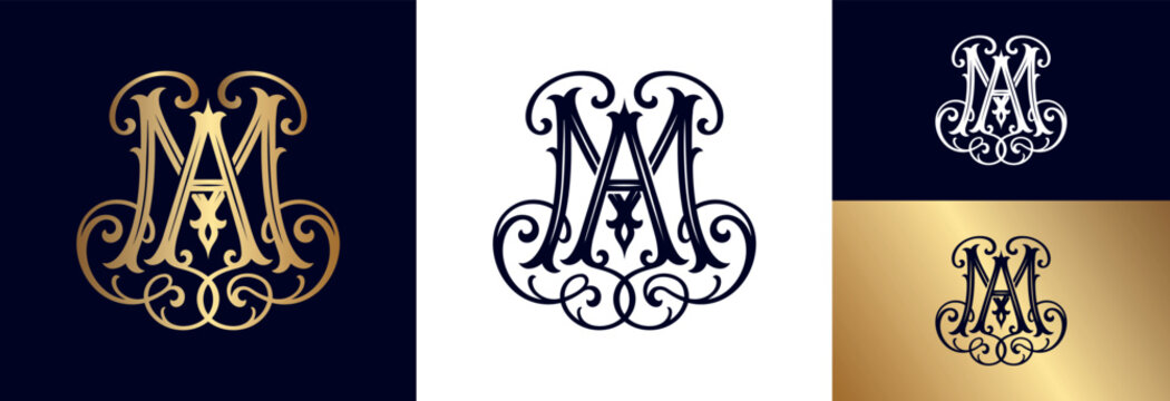 Sophisticated am monogram logo with ornate central flourish luxury letter design.