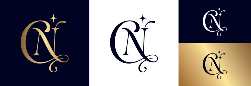 Sophisticated cn monogram logo design with star accents and ornamental flourishes.