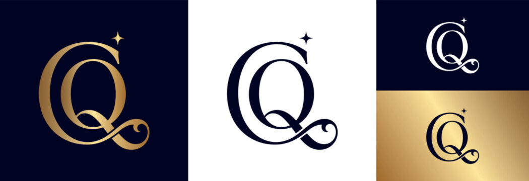 Stylish cq monogram logo design with star and swirl details.