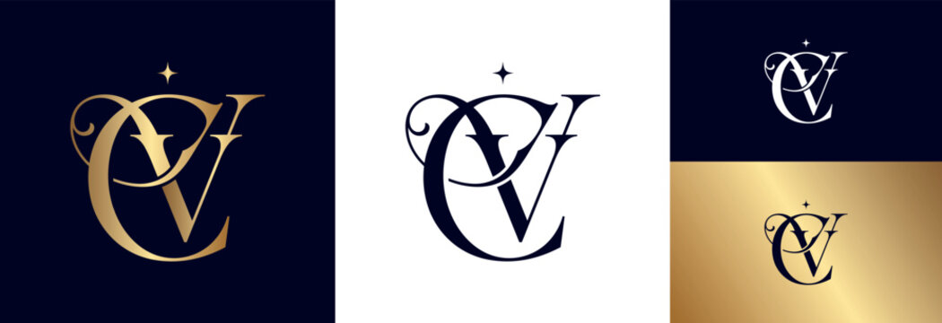Elegant CV monogram logo design with star detail luxury.