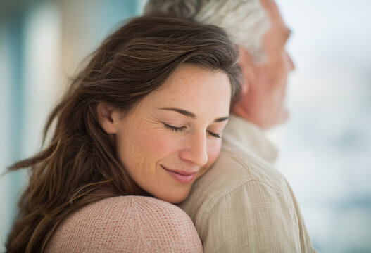 Soft sunlight glows behind two embracing figures. Woman rests her head on man's shoulder, eyes closed. Her smile reveals quiet contentment, peaceful trust. Man holds her close, offering steady