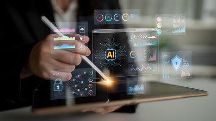 Fototapeta premium An Artificial Intelligence platform for business intelligence. The dashboard shows advanced data analytics, predictive modeling, and security monitoring through various visualizations. Fermion
