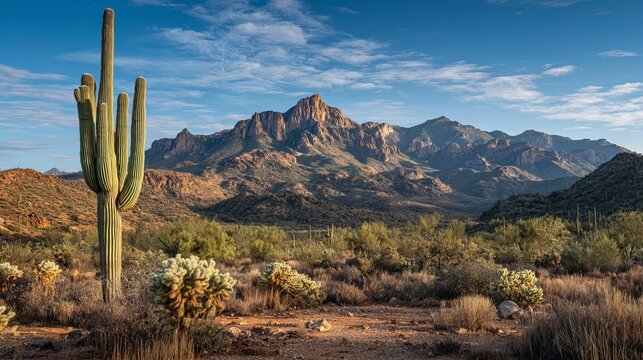 A large saguaro cactus stands tall in a desert landscape with mountains