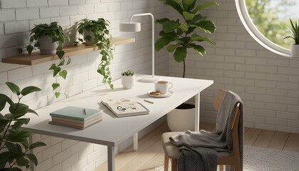 Fototapeta premium A serene workspace with a white desk, chair, and plants beside a large window