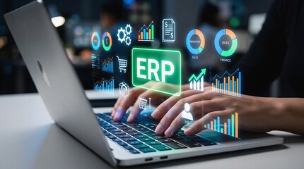 Obraz premium Person using ERP system for business management on a futuristic dashboard