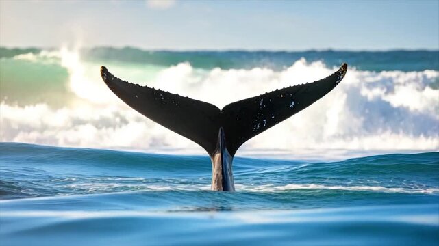 A whale's dark tail breaches the ocean's surface, amidst the blue water and foamy waves