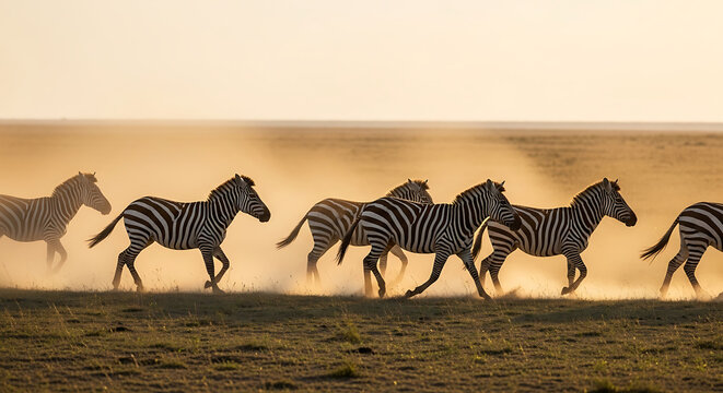 A group of zebras are running across a vast savannah landscape during sunset.