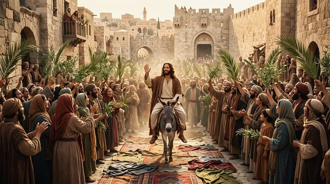 Jesus' triumphal entry into Jerusalem with a crowd waving palm fronds