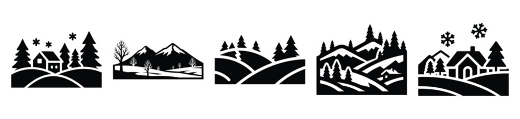 Obraz premium High quality winter landscape silhouette vector icon set. christmas isolated icons on white background Vector illustration.