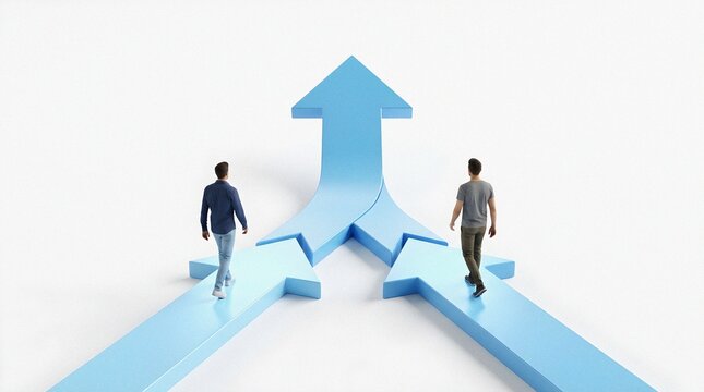 Men walking on merging arrows a collaboration and partnership concept.