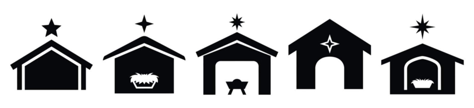 High quality bethlehem stable  silhouette vector icon set. christmas isolated icons on white background Vector illustration.