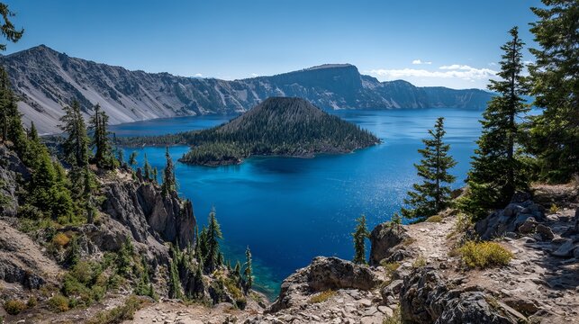 Scenic view of crater lake with wizard island and mountains