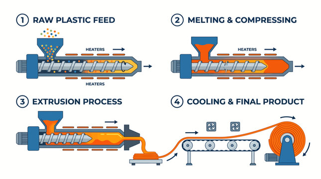 Step-by-step illustration of the plastic extrusion manufacturing process for industrial production