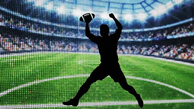 Action-packed vector illustration of a male soccer player silhouette running on a green grass field during a competitive football game to score a goal for his team