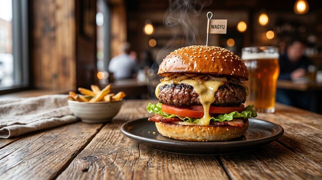 Premium artisan beef burger with sesame bun, caramelized onions, and side of french fries