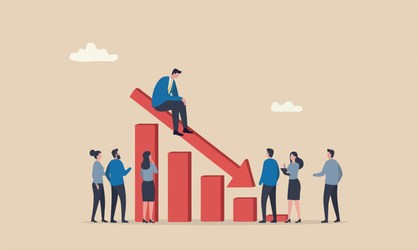 Economic recessio meeting teams together Coronavirus pandemic concept, unemployed businessman investor or business owner sitting on falling down bar graph, red