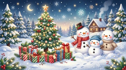 Fototapeta premium Christmas themed illustration photo with a Christmas tree, gifts and a cute snowman made by AI generative