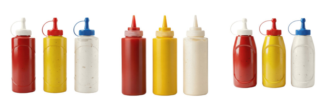 Set of Ketchup Mustard and Mayo Bottles with Isolated on White Background, PNG
