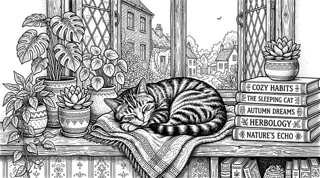 A serene tabby cat sleeps on a blanket beside potted plants and books by a window