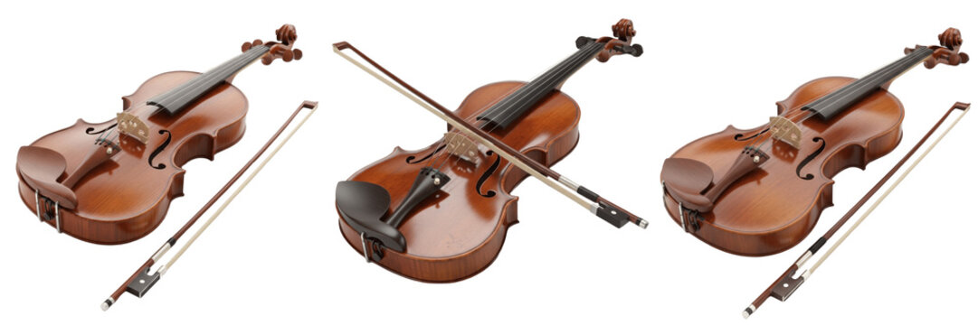 Set of Wooden Violin Musical Instrument with Isolated on White Background, PNG