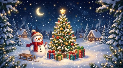 Obraz premium Magical Christmas Winter Night with Decorated Tree and Snowman made by AI generative