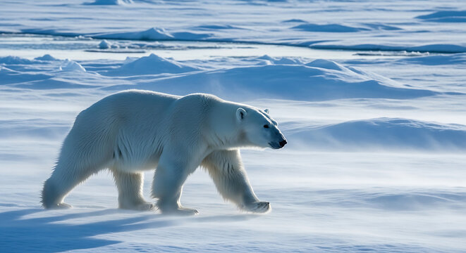 A polar bear walks across the snowy Arctic landscape in a natural environment.