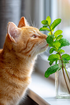 Cat sniffing fresh mint leaves on windowsill in bright indoor setting