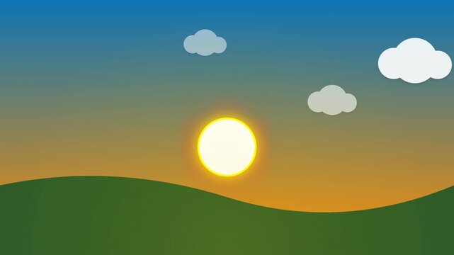 Serene Sunrise Over Rolling Hills with Bright Sky and Fluffy Clouds in a Relaxing Nature Scene Video
