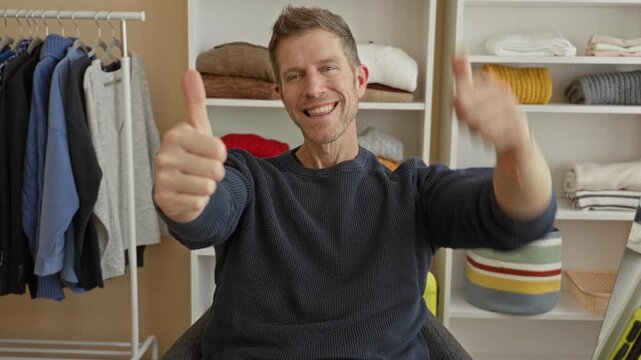Man gives thumbs up with both hands and smiles surrounded by hanging clothes, folded sweaters and storage baskets in a studio; optimism encouragement.
