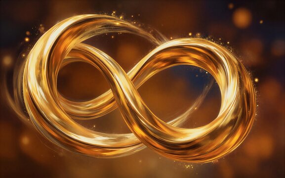Golden infinity symbol glows with light floating above reflective