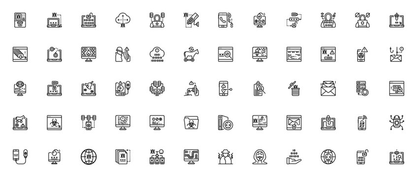 Hacker icon set. Cybersecurity vector icons pack. Includes symbols for virus, firewall, password, malware, spyware, hacking, security and more. Editable stroke.