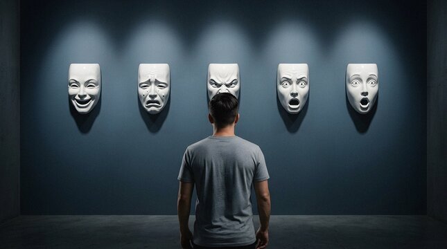 Man choosing an emotional mask a concept of personality and psychology