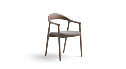 Fototapeta premium Modern Wooden Dining Chair with Grey Fabric Seat Isolated on White Background, Contemporary Furniture Design for Home and Office